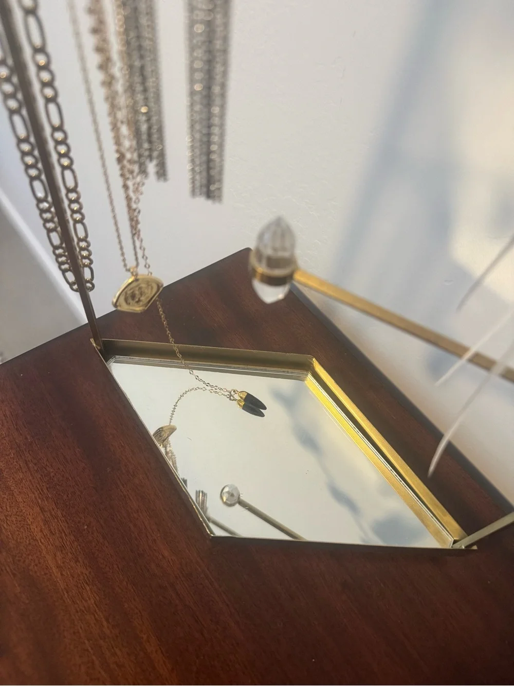 Urban Outfitters Antique brass/crystal-look Jewelry Stand with Mirror Tray
